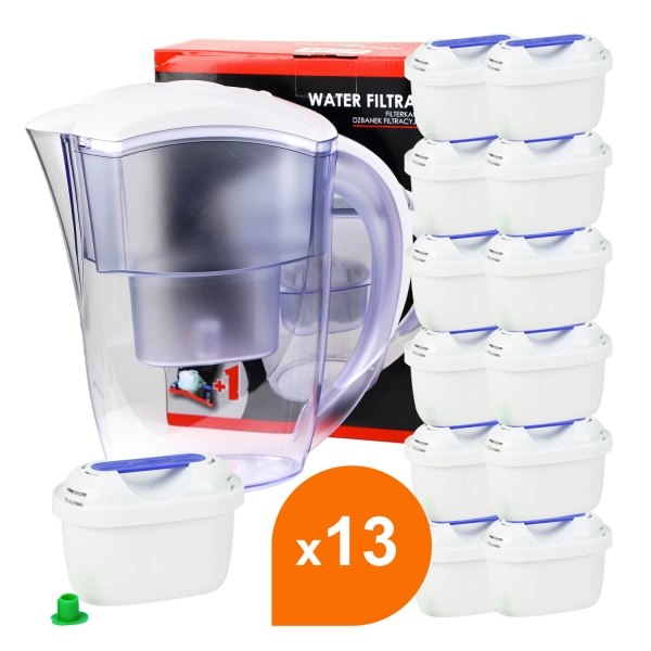 Carafe Filtrante blanche + 13 cartouches filtrantes compatibles Brita®  Maxtra+ - Filter Logic FJ402W FL-402H - 006624
