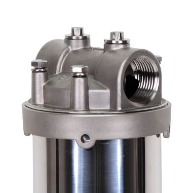 Carter inox 10'' AISI316 entrée sortie 1'' BSPT code 226 avec mano 0-6 bars et equerre