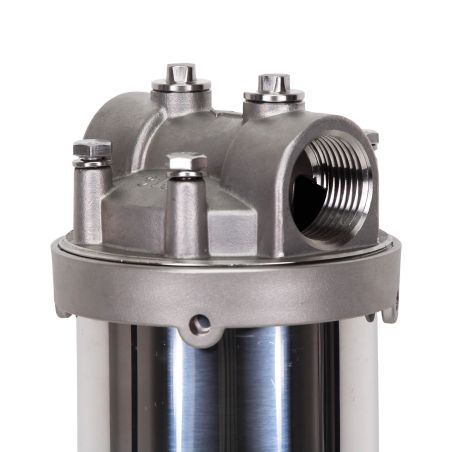 Carter inox 20'' AISI316 entrée sortie 1'' BSPT code DOE avec mano 0-6 bars et equerre